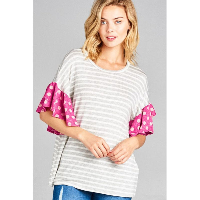 POLKA DOT STRIPE RUFFLE SLEEVE TOP