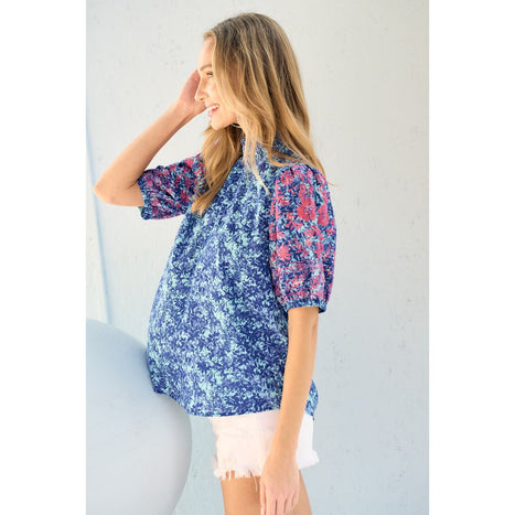 Hailey & Co Embroidered Puff Sleeve Printed Blouse