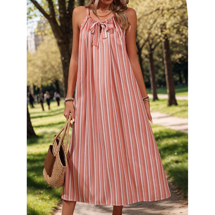 Striped Tie Neck Midi Cami Dress