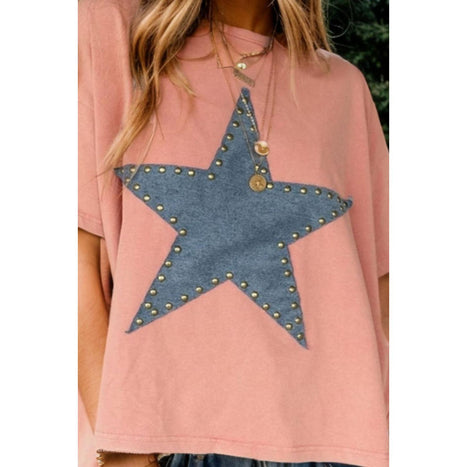 Studded Star Round Neck Short Sleeve T-Shirt