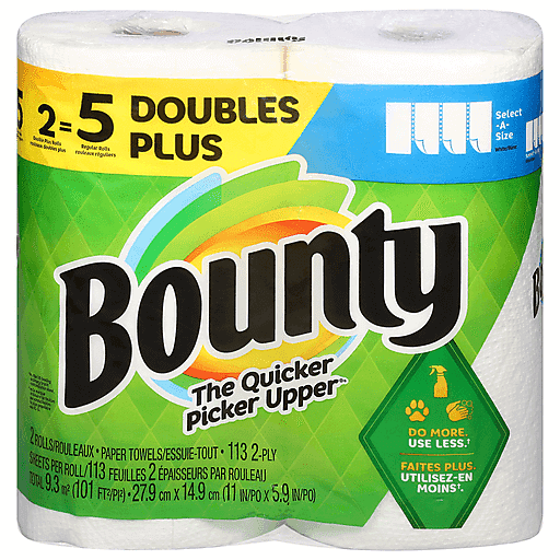 Bounty Bounty Paper Towels, Select A Size, White, 2 Ply, Double Plus Rolls Paper Towels