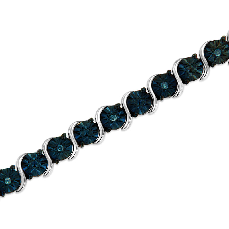 Bids.com .925 Sterling Silver 1/10 Cttw Miracle-Set Treated Blue Color Diamond Miracle Plate "S" Link Tennis Bracelet (Blue Color, I2- I3 Clarity) - 7.25" Bracelets