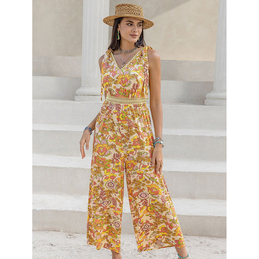 Printed V-Neck Tie Shoulder Jumpsuit