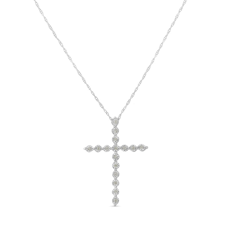 Bids.com .925 Sterling Silver 1/6 Cttw Brilliant-Cut Diamond Miracle-Set Shared Prong Cross 18" Pendant Necklace (I-J Color, I2-I3 Clarity) Necklaces