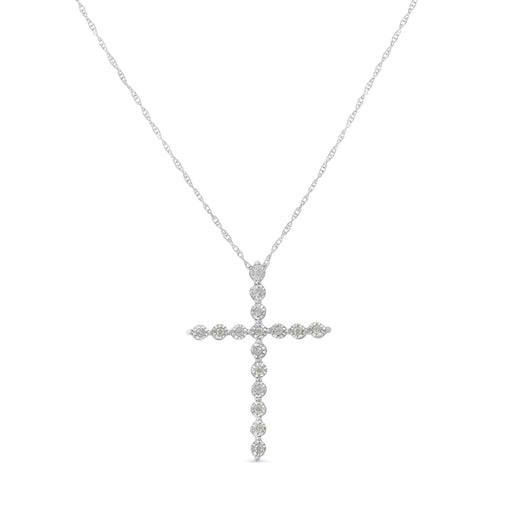 Bids.com .925 Sterling Silver 1/6 Cttw Brilliant-Cut Diamond Miracle-Set Shared Prong Cross 18" Pendant Necklace (I-J Color, I2-I3 Clarity) Necklaces