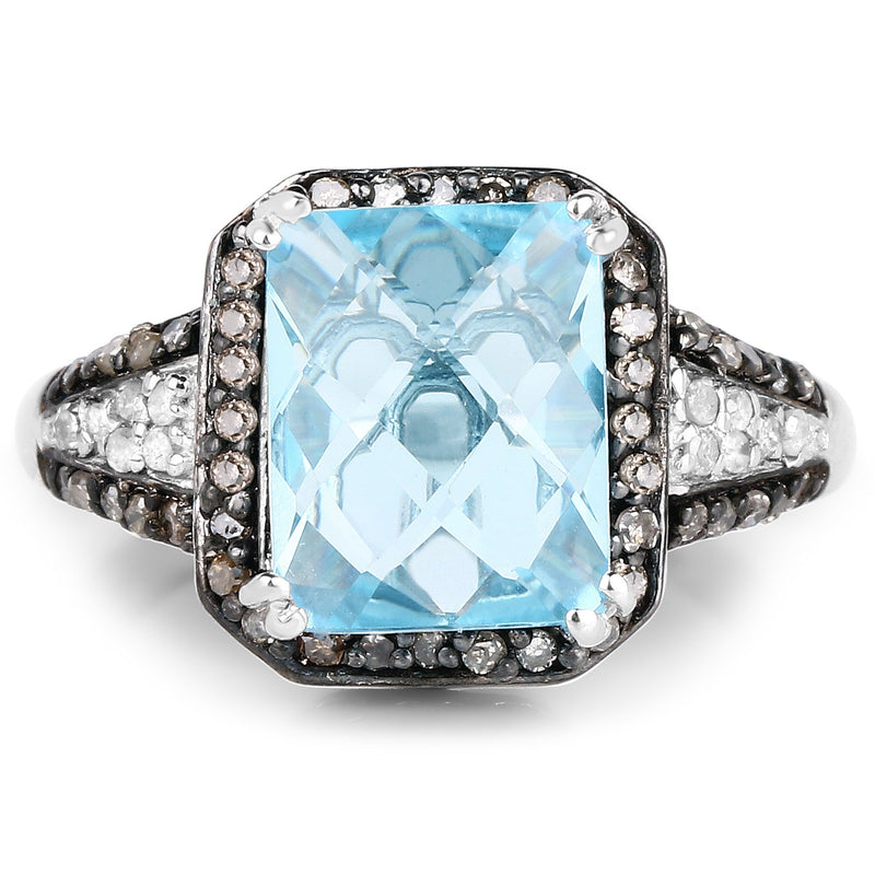 Bids.com 4.33 Carat Genuine Swiss Blue Topaz, Champagne Diamond & White Diamond .925 Sterling Silver Ring Rings