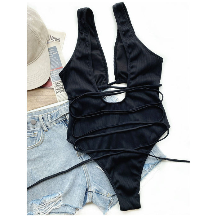 Ribbed Lace Up One-Piece Swimsuit