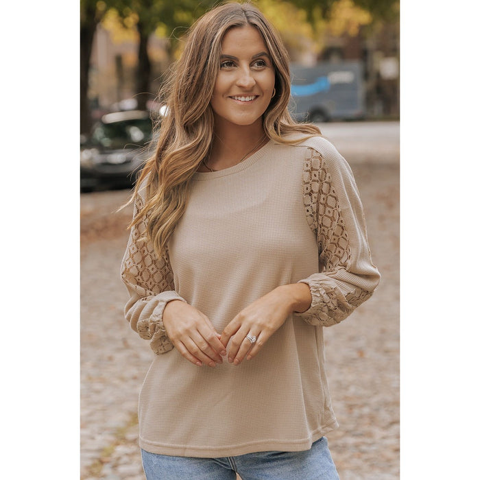 Waffle-Knit Round Neck Long Sleeve Blouse