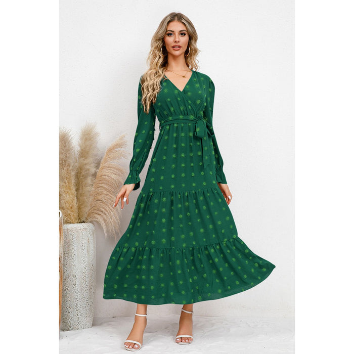 Swiss Dot Tied Surplice Flounce Sleeve Dress