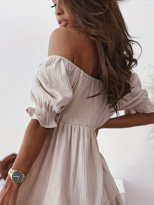 Ruched Ruffled Off-Shoulder Short Sleeve Dress