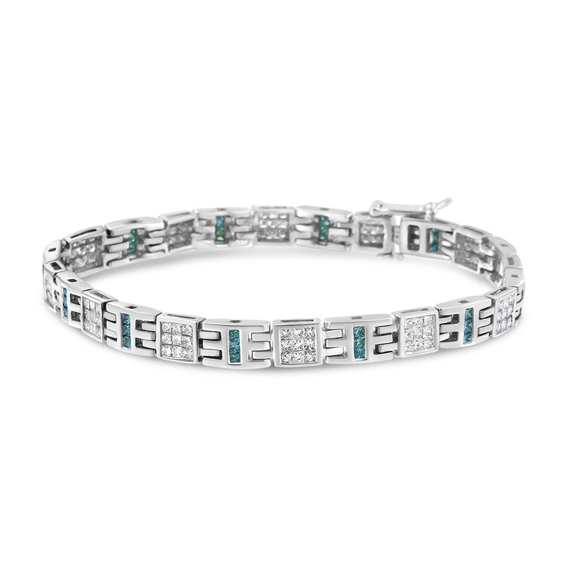 Bids.com 14K White Gold Princess-Cut white and Blue Diamond 3.00 cttw Fashion Link Bracelet (H-I Color, SI1-SI2 Clarity) Bracelets