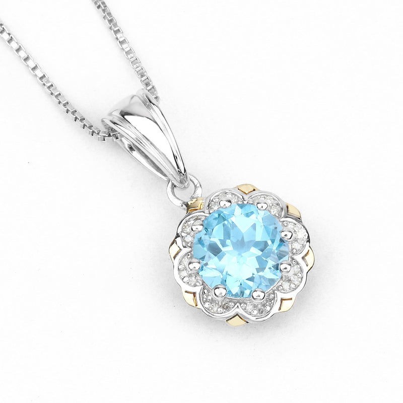 Bids.com 2.32 Carat Genuine Swiss Blue Topaz and White Diamond 14K Yellow Gold with .925 Sterling Silver Pendant Pendants