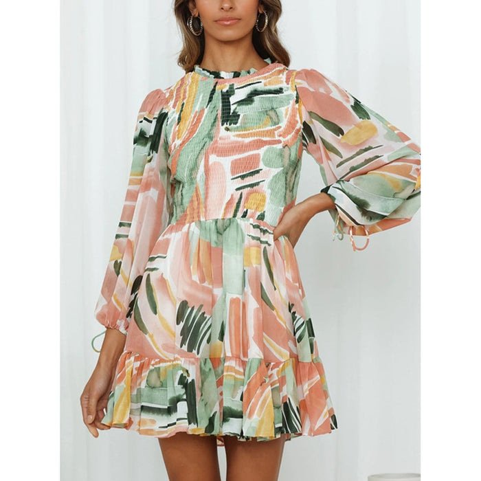 Printed Mock Neck Balloon Sleeve Mini Dress