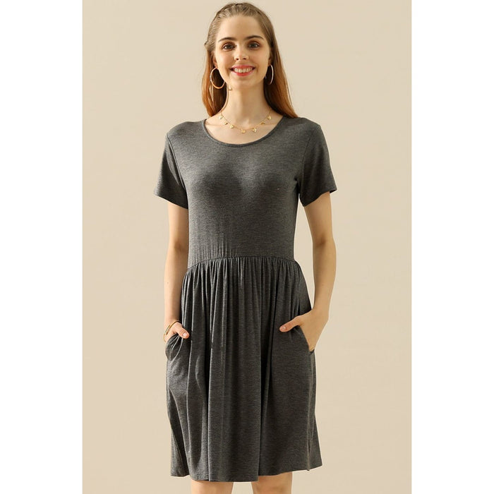 Ninexis Round Neck Ruched Dress with Pockets