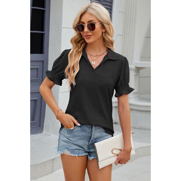 Eyelet Johnny Collar Short Sleeve Blouse