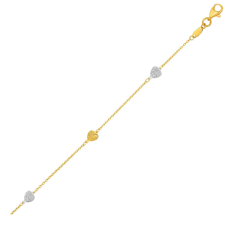 Bids.com 14k Two-Toned Yellow and White Gold Anklet with Textured Hearts Accessories
