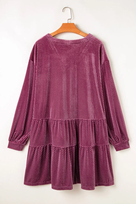 Textured Velvet Decorative Button Long Sleeve Dress