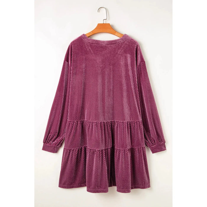 Textured Velvet Decorative Button Long Sleeve Dress