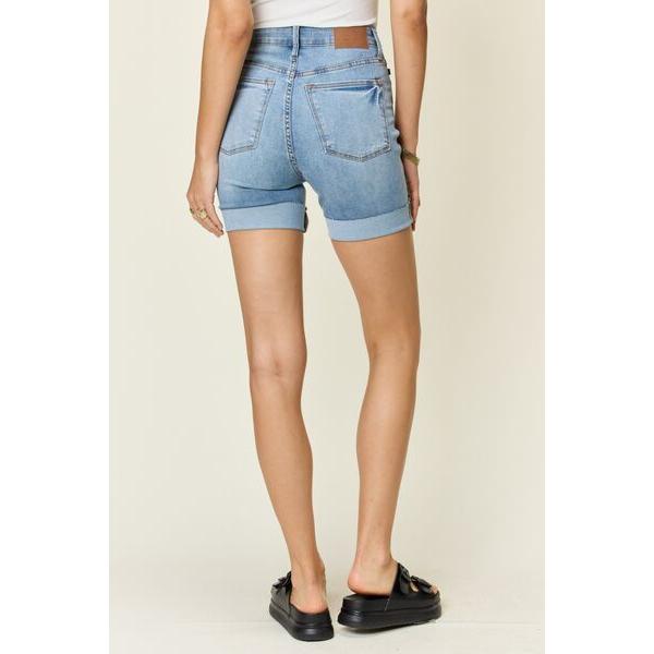 Tummy Control High Waist Denim Shorts in Medium Blue