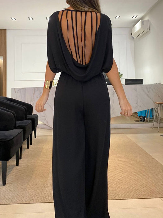 High-Low Wide Leg Backless Hollow Solid Color Round-Neck Jumpsuits Bottoms by migunica