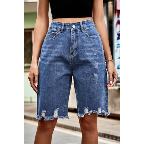 Raw Hem High Waist Denim Shorts with Pockets