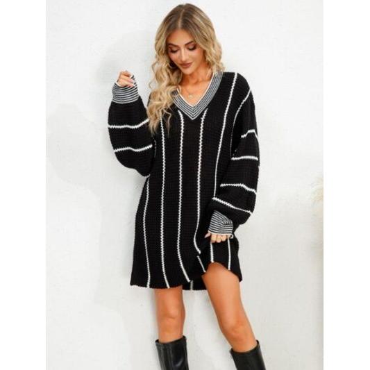 Striped V-Neck Long Sleeve Mini Dress