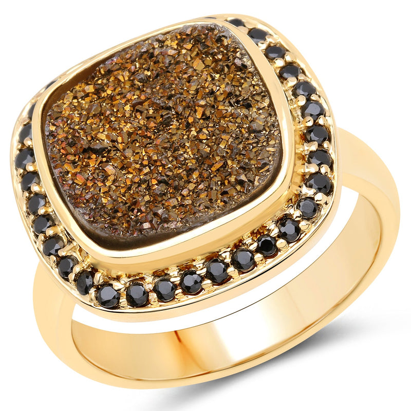 Bids.com 14K Yellow Gold Plated 6.19 Carat Genuine Drusy Quartz and Black Spinel .925 Sterling Silver Ring Rings