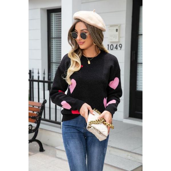 Heart Round Neck Droppped Shoulder Sweater