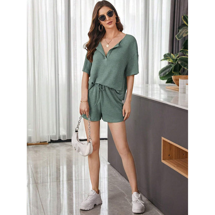 Waffle-Knit Dropped Shoulder Top and Shorts Set