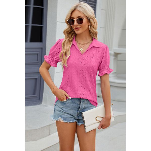 Eyelet Johnny Collar Short Sleeve Blouse