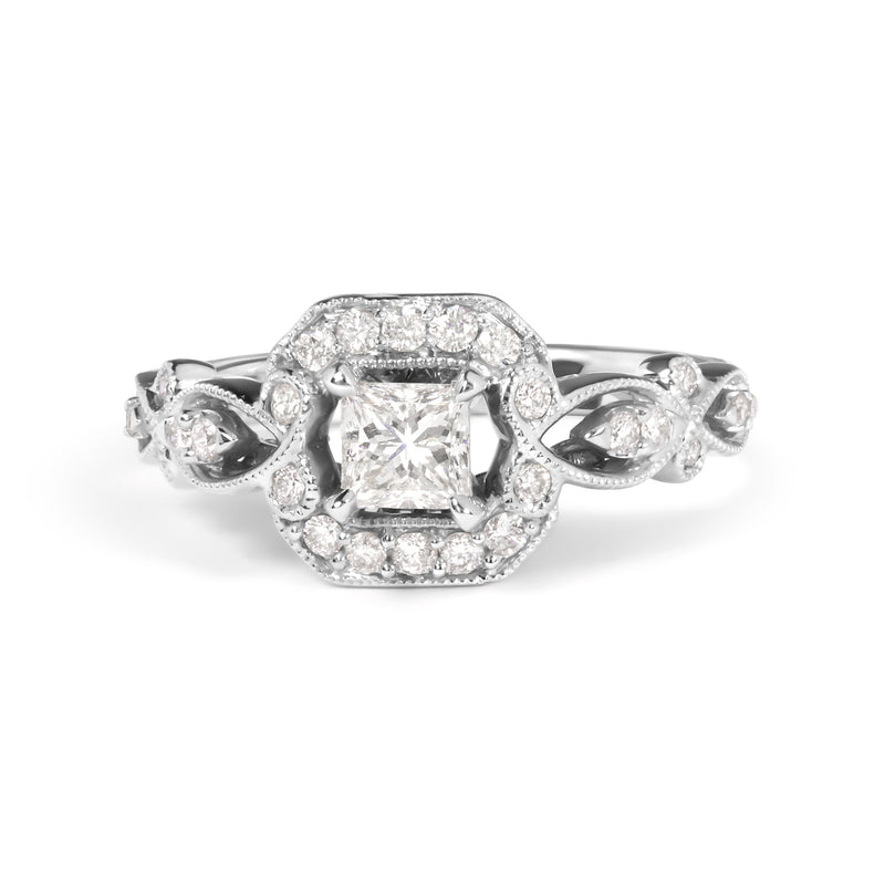 Bids.com 14K White Gold Diamond 3/4 Cttw Diamond Halo Style and Woven Shank Engagement Ring (G-H Color, VS2-SI1 Clarity) - Size 7 Rings