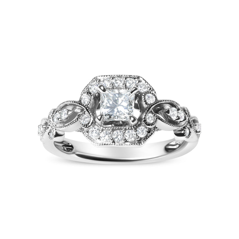 Bids.com 14K White Gold Diamond 3/4 Cttw Diamond Halo Style and Woven Shank Engagement Ring (G-H Color, VS2-SI1 Clarity) - Size 7 Rings