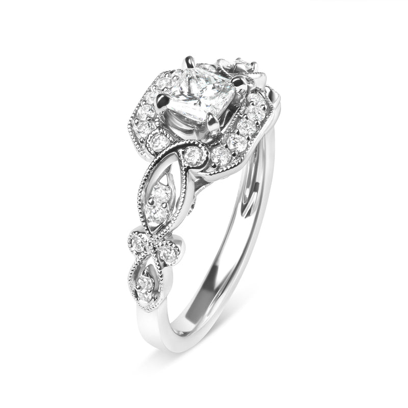 Bids.com 14K White Gold Diamond 3/4 Cttw Diamond Halo Style and Woven Shank Engagement Ring (G-H Color, VS2-SI1 Clarity) - Size 7 Rings