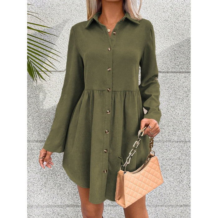 Button Up Collared Neck Long Sleeve Dress