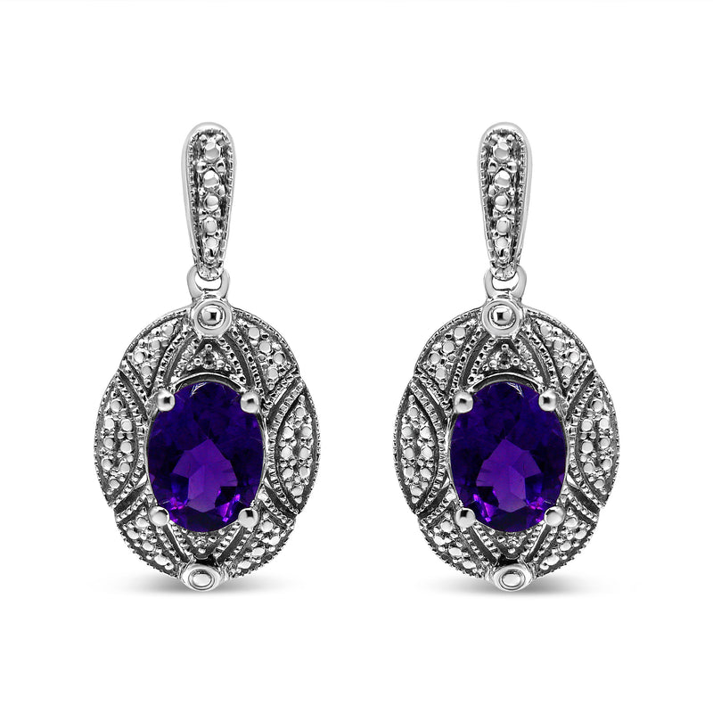 Bids.com .925 Sterling Silver Diamond Accent and 8x6mm Purple Oval Amethyst Stud Earrings (I-J Color, I1-I2 Clarity) Earrings