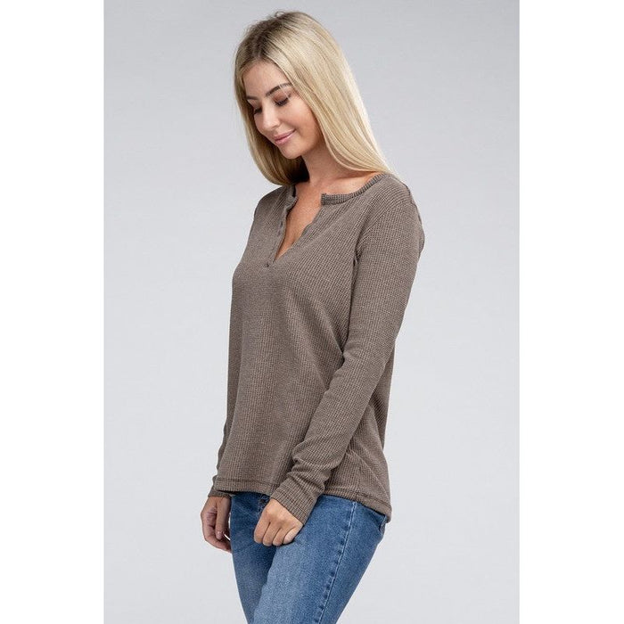 Melange Baby Waffle V-Neck Long Sleeve Top