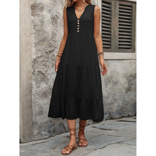 Decorative Button Notched Sleeveless Dress