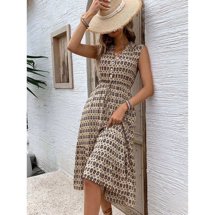 Printed Johnny Collar Midi Dress