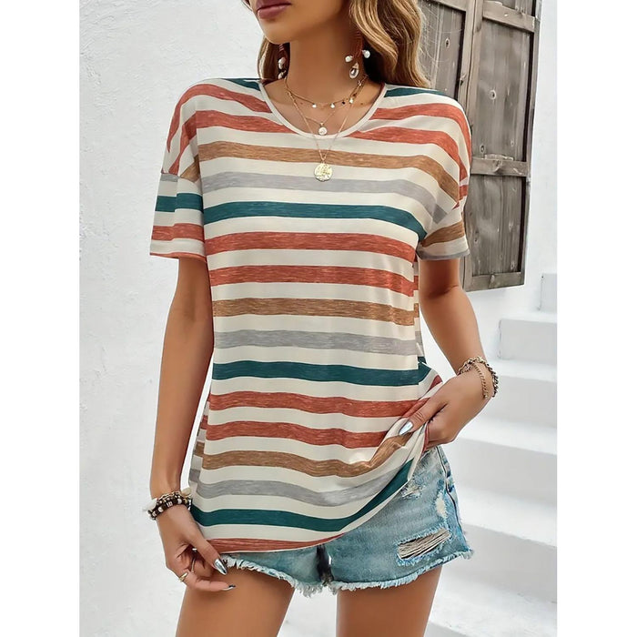 Striped Round Neck Short Sleeve T-Shirt