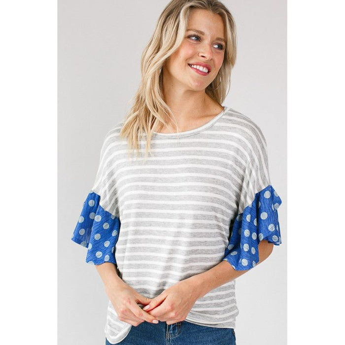 POLKA DOT STRIPE RUFFLE SLEEVE TOP