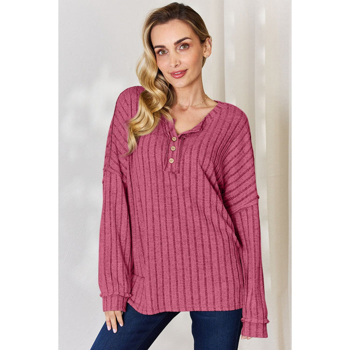 Basic Bae Ribbed Half Button Long Sleeve T-Shirt