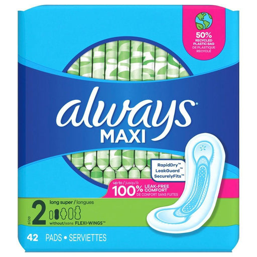 Always Always Maxi Pads with Wings, Size 2 Long, Unscented, 42 Count Feminine Pads & Protectors