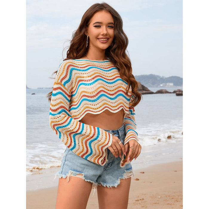 Striped Boat Neck Long Sleeve Cover Up