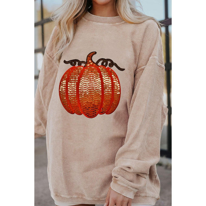 Sequin Pumpkin Round Neck Long Sleeve Sweatshirt