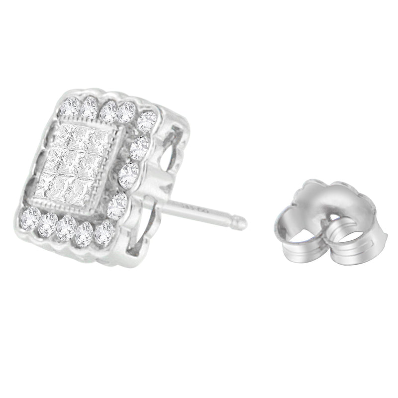 Bids.com 14K White Gold 1.0 Cttw Round Brilliant & Princess Cut Diamond Scallop-Edge Framed Square Halo Stud Earrings (G-H Color, SI1-SI2 Clarity) Earrings