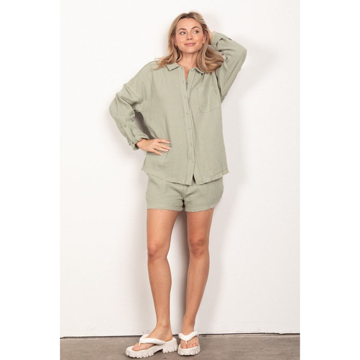 VERY J Texture Button Up Shirt and Shorts Set