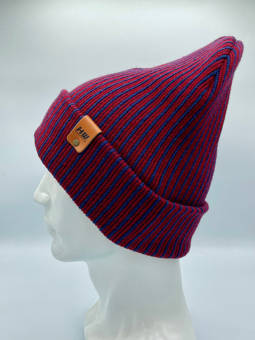 HAAKWEAR Cuffed Wide Ribbed Striped Beanie, Limited Edition, Blue/Maroon, Made in USA