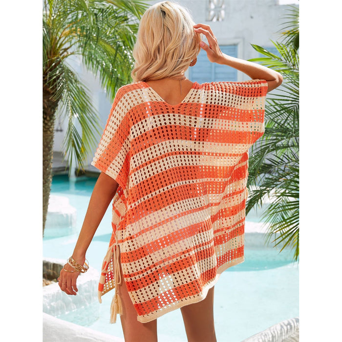 Tassel Openwork Striped V-Neck Cover Up