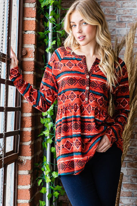 Full Size Geometric Button Detail Long Sleeve Babydoll Top