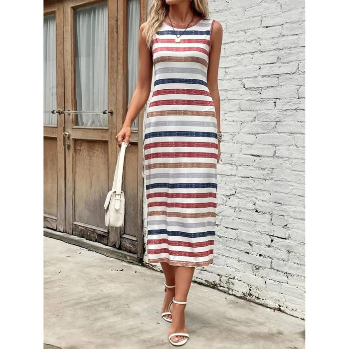 Slit Printed Round Neck Sleeveless Dress